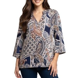 SJS Womens 2X Paisley Split V-Neck 3/4 Sleeve Bohemian Tunic Top Navy Tan
